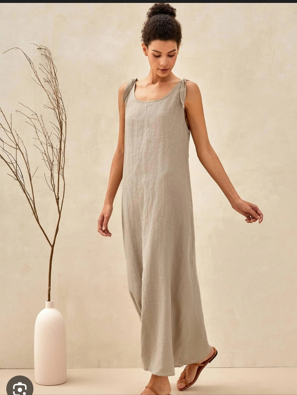 Lintico womens Sleeveless Tie-Shoulder Linen A-line Scoop Neck Maxi Dress Sz. S